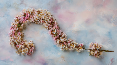 A stunning display of delicate blossoms arranged in a graceful curve on a soft pastel background, capturing the essence of spring and beauty.の素材