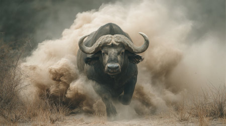 A dramatic photograph of a powerful African buffalo charging through a dusty landscape, showcasing its strength and determination in the wild.の素材