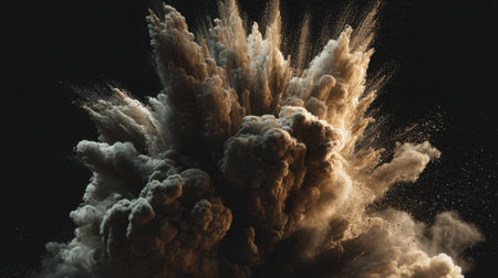 A captivating image of an explosion of dust and smoke heightened by dynamic motion, showcasing elements of chaos and power against a dark backdrop.の素材