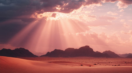 A breathtaking view of a desert landscape during sunset, featuring radiant rays of light piercing through clouds above distant mountains.の素材