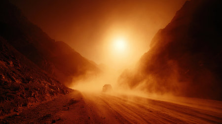An awe-inspiring view of a dusty road winding through rugged mountains at sunset, capturing the brilliance of the sun and the surreal atmosphere.の素材