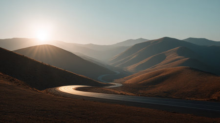 A winding road curves gracefully through serene mountains, illuminated by the warm glow of the setting sun, capturing a perfect tranquil moment.の素材
