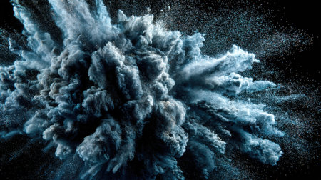 A captivating blue smoke cloud bursts forth against a dark backdrop, showcasing dynamic movement and intricate details of dust and particles.の素材