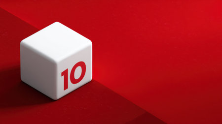This image features a white cube displaying the number ten in bold red, set against a striking red background. Ideal for creative projects.の素材