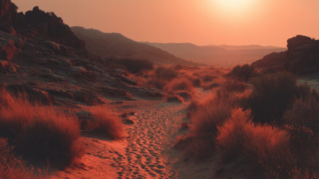 A breathtaking view of a serene desert landscape at sunset, showcasing warm colors and soft shadows. Silhouetted mountains provide a stunning backdrop for the winding sandy path, evoking feelings of adventure and tranquility in nature.の素材