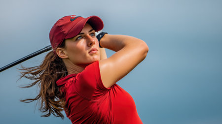 A determined female golfer dressed in a vibrant red shirt executes a swing with her golf club, set against a serene blue sky backdrop.の素材