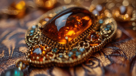 Stunning amber pendant with intricate golden detailing and colorful beads, showcasing beauty and craftsmanship on textured fabric.の素材