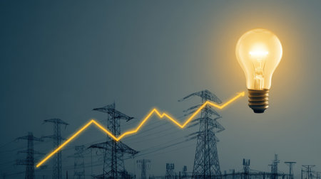This image features a glowing lightbulb symbolizing energy growth, paired with power lines, representing the electricity supply industry's evolution.の素材