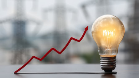 A glowing light bulb represents innovation and ideas, while an upward trend graph symbolizes growth and progress in business and energy efficiency.の素材