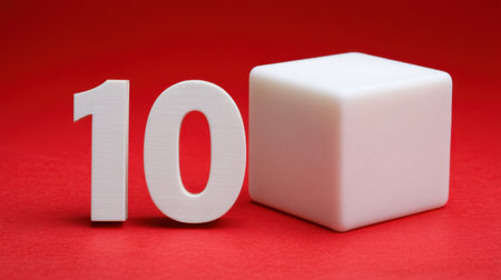 This image features a white number ten beside a smooth white cube, both set against a bright red background, enhancing visual appeal.の素材