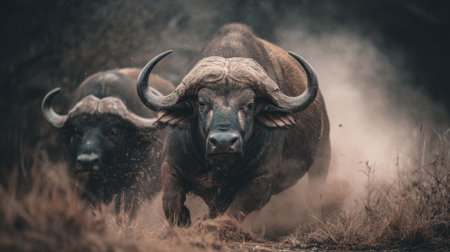 A striking image captures the raw beauty of African water buffalo as they charge through dusty terrain, showcasing their power and grace.の素材