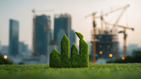 A conceptual representation of urban growth where a green city skyline made of grass stands in front of a bustling construction site, symbolizing eco-friendliness and sustainability.の素材