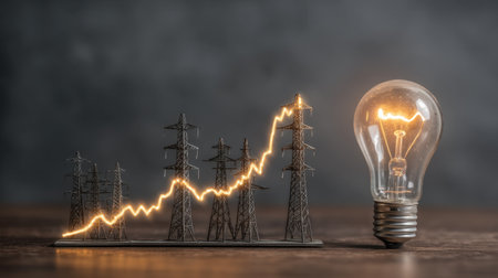 A creative representation of energy innovation with power towers in an upward trend and a glowing light bulb symbolizing electricity growth.の素材