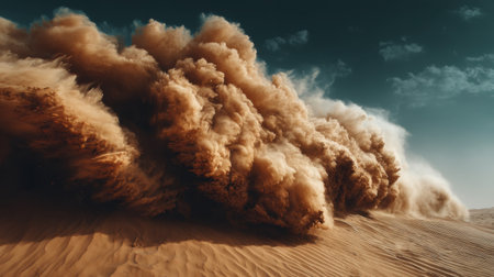This stunning image captures the power of a sandstorm sweeping across the tranquil dunes of a desert, creating dramatic waves of dust and showcasing nature's raw energy at dusk.の素材