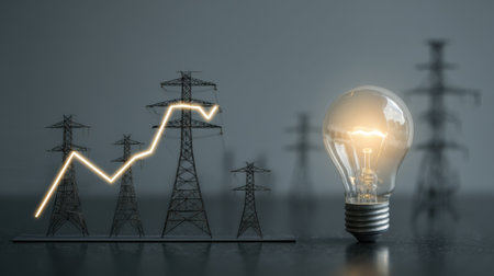 This image illustrates the concept of energy growth, featuring a light bulb beside a graph that shows an upward trend in electrical power on a dark background.の素材