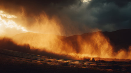 A captivating sunset casts vibrant orange and yellow hues over a dusty landscape, illuminating mountains and creating an atmospheric scene.の素材