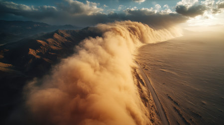 An awe-inspiring aerial view captures a powerful dust storm sweeping through a vast desert. Sunset casts golden light on the surrounding mountains, creating a dramatic scene of nature s raw beauty.の素材