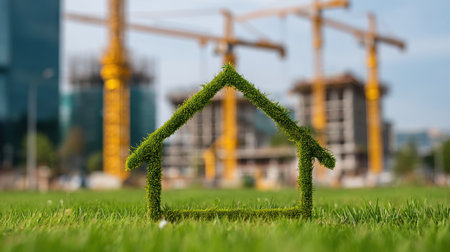 A creative representation of an eco-friendly home made of grass, highlighting sustainability amidst construction cranes in an urban setting.の素材