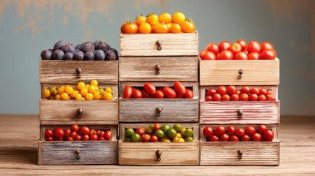 A beautiful arrangement of fresh tomatoes and plums in various colors displayed in rustic wooden boxes. Perfect for showcasing healthy eating and culinary creativity.の素材