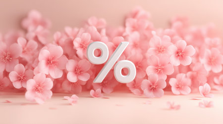A soft and elegant background of pastel pink cherry blossom flowers features a prominent white percentage symbol, ideal for sales and promotions.の素材
