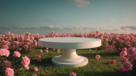 This captivating image features a round table set in a lush field of beautiful pink roses, creating a serene atmosphere. The soft light and bright sky enhance the scene's beauty, inviting feelings of relaxation and charm. Ideal for nature-themed projects or decorative inspiration.の素材