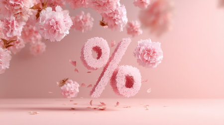 An eye-catching display of a pink discount symbol surrounded by soft cherry blossoms, creating a vibrant, festive atmosphere perfect for marketing campaigns.の素材