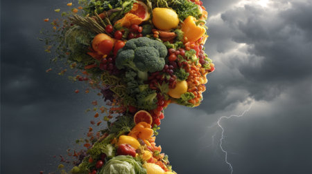 This striking image features an abstract silhouette filled with vibrant fruits and vegetables, set against a dramatic stormy backdrop, symbolizing the connection between nature and humanity.の素材