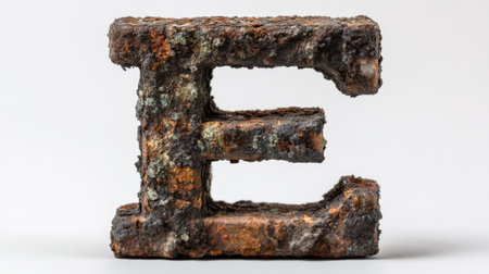 Close-up of a rusty metal letter E displaying intricate textures of corrosion and decay, ideal for design projects and artistic use.の素材