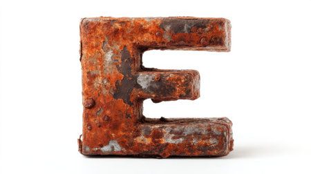 A detailed view of a vintage rusty letter E. This unique metal object features corrosion and weathering, showcasing industrial charm and character.の素材
