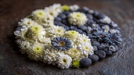 A serene arrangement of white and purple flowers mixed with smooth stones forms a yin yang symbol, promoting balance and tranquility.の素材