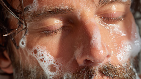 This close-up image captures a man enjoying a relaxing facial wash, surrounded by bubbles and foam, conveying a sense of tranquility and freshness.の素材