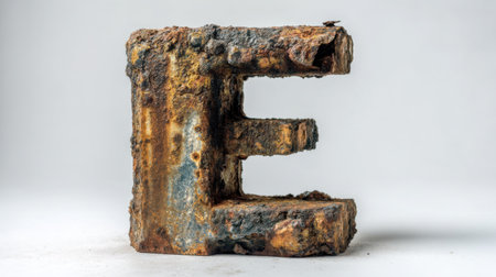 This image features a rustic metal letter E, showcasing detailed textures and rich colors. The worn surface and unique character make it a striking visual element.の素材