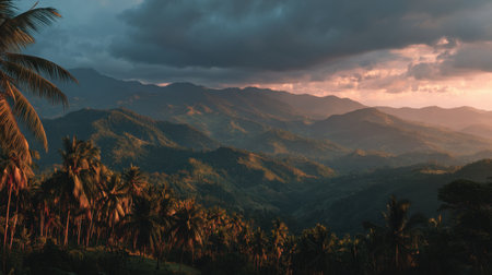 A breathtaking view of a mountainous landscape at sunset, featuring lush green palm trees and dramatic cloud formations in the sky.の素材