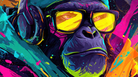 This vibrant artwork features a cool gorilla wearing sunglasses and headphones, surrounded by a burst of colorful abstract shapes. The playful design captures the essence of music and creativity, making it perfect for a modern and fun aesthetic.の素材