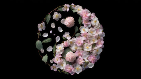 A stunning and elegant arrangement of soft pink flowers and petals forms a circular design against a sleek black background, evoking beauty.の素材