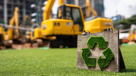 A scenic view of an urban construction site featuring a wooden board with a grass recycle symbol. The background includes heavy machinery and greenery, highlighting sustainability efforts in modern construction.の素材