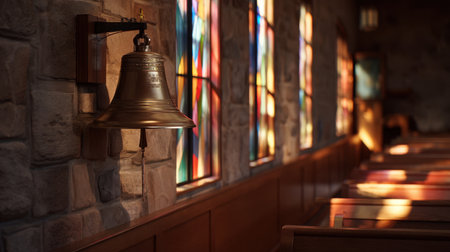 An antique church bell hangs beside colorful stained glass windows, casting beautiful light in a historic chapel, creating a serene atmosphere.の素材
