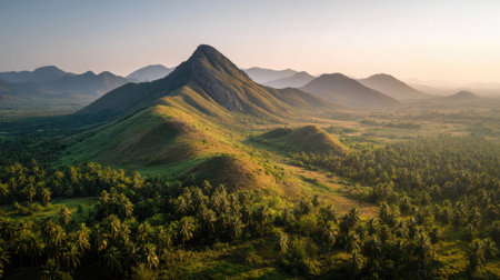 A captivating mountain landscape at dawn showcasing rolling hills covered in lush green vegetation under a vibrant sky. Ideal for nature enthusiasts.の素材