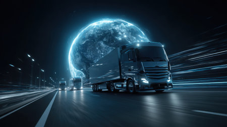 A captivating scene of futuristic trucks racing down a highway at night with a glowing planet in the background, illustrating modern transportation and technology.の素材