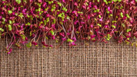 A colorful arrangement of fresh microgreens on a jute fabric background, showcasing vibrant hues and earthy textures ideal for promoting healthy eating.の素材