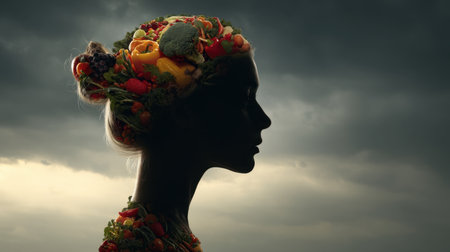 A striking silhouette of a woman's profile decorated with fresh fruits and vegetables, captures the essence of nature and beauty against a dramatic cloudy sky.の素材