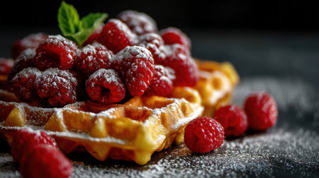 A close-up image of delicious waffles generously topped with fresh raspberries and a dusting of powdered sugar. Ideal for food lovers.の素材