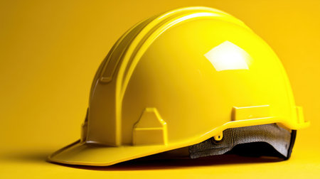 This image features a bright yellow safety helmet on a vibrant yellow background, highlighting its importance in workplace safety and construction.の素材