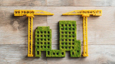 This unique image showcases a miniature building made of green grass flanked by yellow cranes on a wooden surface, symbolizing urban construction and sustainability.の素材