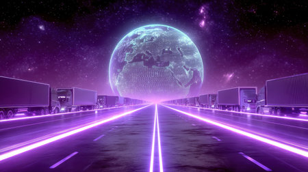 A stunning digital artwork depicting a futuristic highway lined with trucks under a glowing earth, set in a cosmic atmosphere filled with vibrant colors.の素材