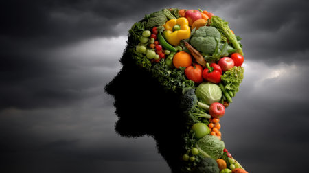 A creative silhouette of a human head filled with vibrant vegetables set against a moody sky, symbolizing health, nature, and nutrition.の素材