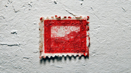 A vintage red stamp resting on a textured surface, showcasing its worn edges and distressed appearance for a retro aesthetic. Perfect for art use.の素材