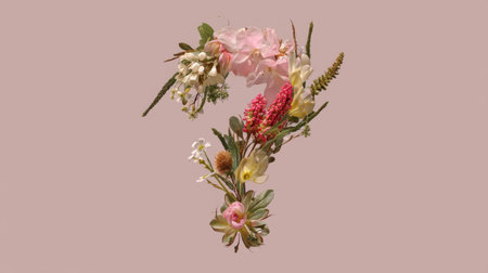 A unique composition featuring a variety of vibrant flowers arranged in the shape of a question mark, set against a soft pink background. Perfect for creative projects.の素材