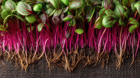 Close-up view of vibrant microgreens showcasing colorful roots embedded in rich soil, perfect for gardening lovers and chefs looking for fresh produce.の素材