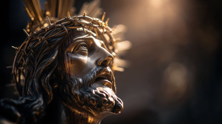 This exquisite close-up image captures a religious sculpture of Jesus wearing a crown of thorns, showcasing intricate details and a serene expression illuminated by soft lighting.の素材